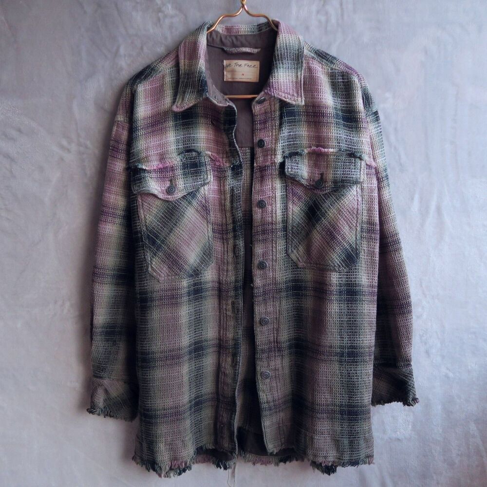 FREE PEOPLE Anneli Plaid Shirt Jacket Size M Waffle Fringe Hem Oversized Boho - Picture 6 of 11